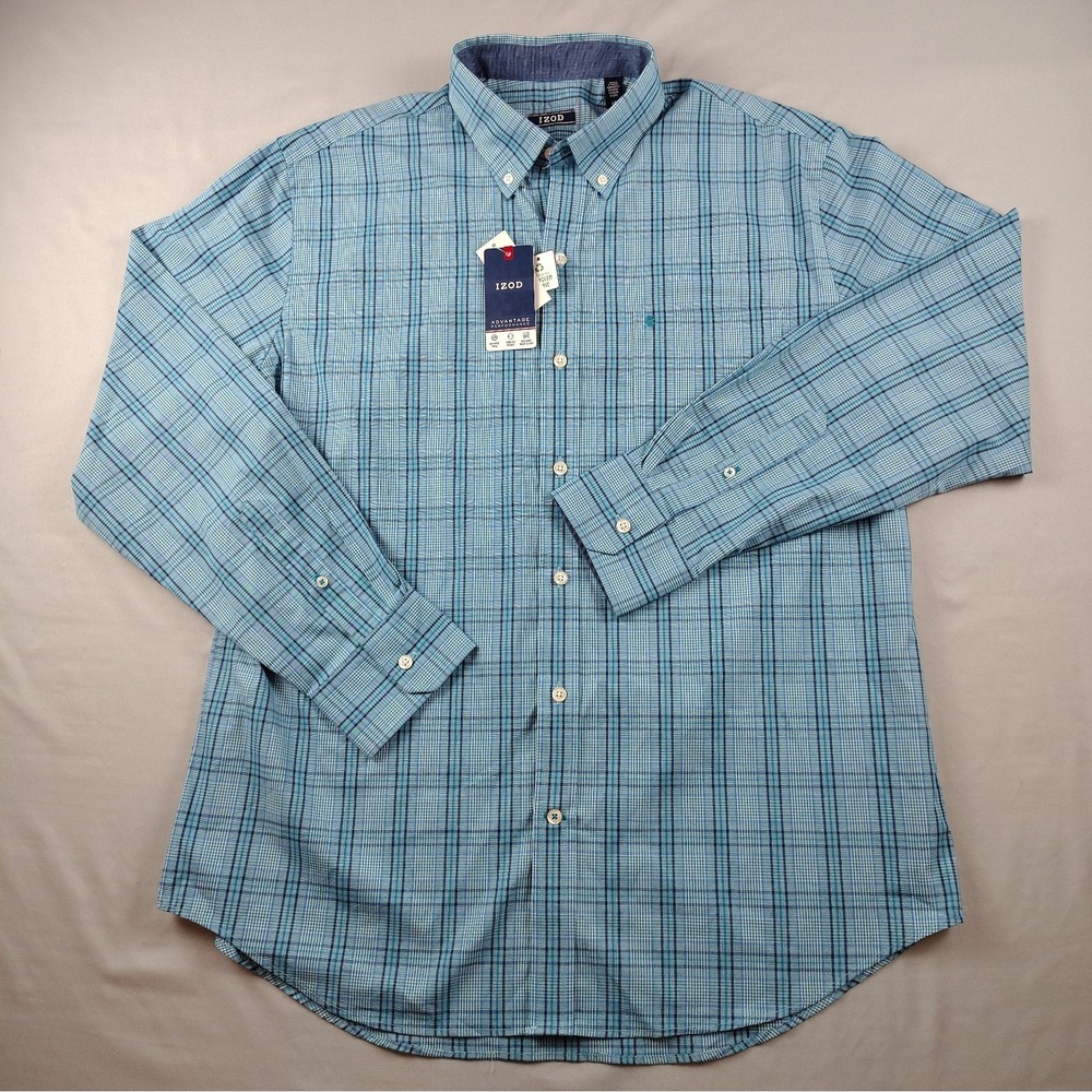 IZOD Men Size L Shirt Blue Plaid Long Sleeve Advantage Performance Button Down